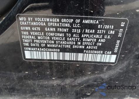 2013 Volkswagen Passat S from USA, damaged, VIN 1VWAH7A34DC094609